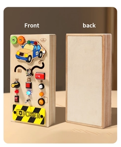 Front and back view of wooden busy board with LED lights and toggle switches