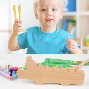Crocodile feeding game with colorful wooden beads, tweezers and logic puzzle cards