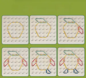 Six steps demonstrating how to create a penguin shape on a wooden geometric geoboard puzzle