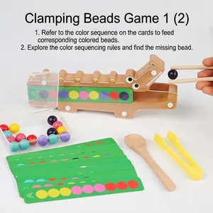 Crocodile bead feeding game with wooden sorting tools and color logic cards for toddlers
