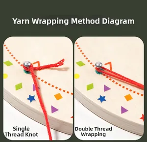 Detailed macro view showing red yarn winding and knotting techniques on a wooden nail board