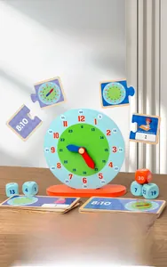 Detailed view of educational wooden clock set with puzzle cards and dice for kids