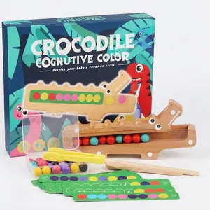 Crocodile feeding board game with colorful beads, wooden tweezers and sorting cards
