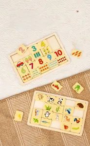 Vue détaillée de puzzles en bois éducatifs avec animaux et chiffres pour l'éveil