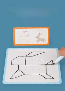 Detailed view of kids geometric dot drawing board with rabbit pattern reference card
