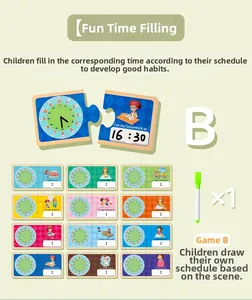 Macro detail of educational wooden clock puzzles with daily activity scenes and whiteboard pen