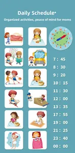 Detailed daily schedule chart for children with icons for learning and time management
