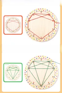 Detail of wooden geoboard toy with colorful strings forming geometric star patterns