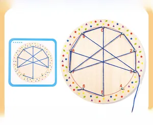 Detailed view of Montessori wooden geoboard with blue string and geometric challenge card
