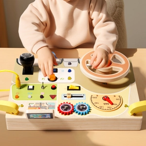 Educational wooden steering wheel busy board toy with LED lights for sensory motor skills