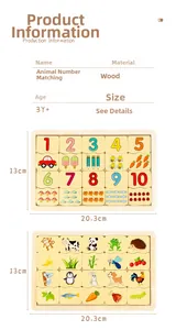 Détail du puzzle éducatif en bois montrant les dimensions des cartes de chiffres et d'animaux
