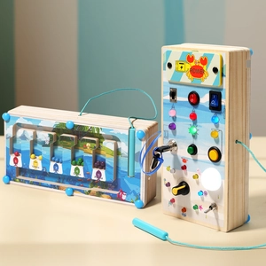 Wooden montessori sensory busy board with LED light switches and magnetic bead maze toy