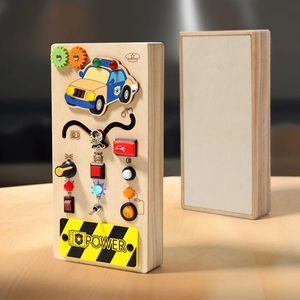 Educational wooden busy board toy with LED lights, steering wheel, and toggle switches