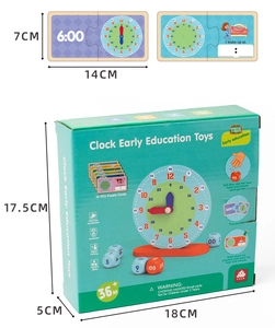 Detailed view of educational wooden clock set with puzzle cards and packaging dimensions