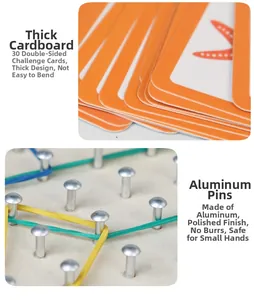 Detail of 30 double-sided challenge cards and polished aluminum pins on a wooden geometry board