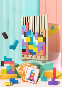 Detailed vertical tetris puzzle set with colorful wooden blocks and reference cards