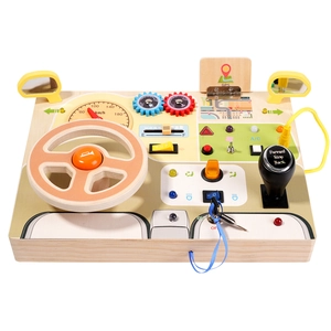 Wooden steering wheel busy board for toddlers with LED lights and ignition key toy