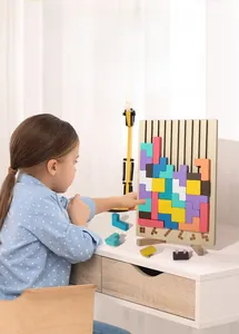 Upright wooden Tetris puzzle board showing colorful blocks for logical thinking training