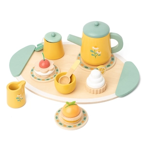 Set da tè in legno per bambini con teiera a margherite, dolci finti e vassoio da portata