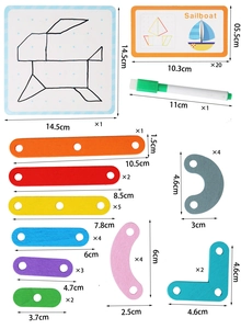 Detailed view of wooden geometric shapes and pattern cards with size specifications