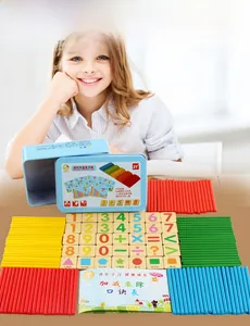 Educational magnetic math set with colorful counting sticks and wooden number blocks in tin box