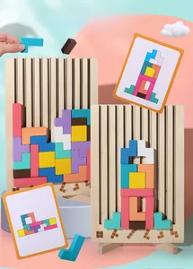 Vertical wooden Tetris puzzle with colorful blocks and challenge cards for kids