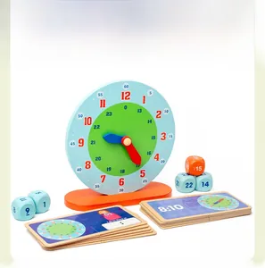 Detailed view of educational wooden clock set with time puzzles and number cubes for kids