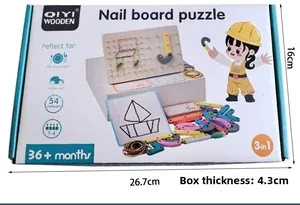 Front view of educational wooden nail board puzzle packaging box with product features