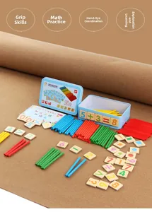 Flat lay of magnetic math sticks and number tiles in a blue tin box for early learning