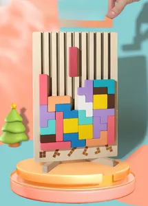 Detailed 3D view of vertical wooden Tetris puzzle blocks on a colorful display stand