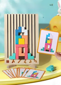 Detail of wooden geometric puzzle set with colorful blocks and double-sided pattern cards