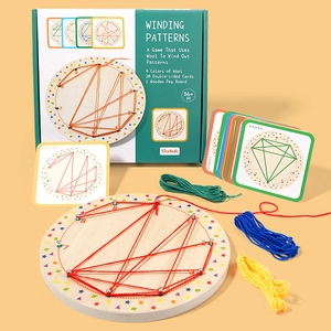 Educational wooden winding pattern board with colorful strings and geometric cards