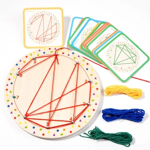 Montessori wooden geometric pegboard toy with colorful strings and challenge cards