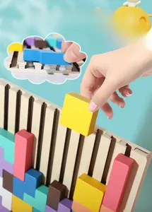 Detailed close-up of colorful wooden tetris puzzle blocks with slider pins and tracking board