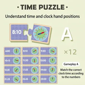 Educational wooden clock puzzle for children with 12 matching pairs to learn time reading