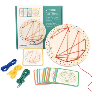 Montessori wooden winding pattern board with colorful yarn and 20 pattern cards for kids
