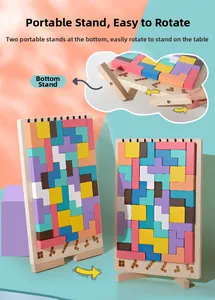 Detail of wooden Tetris puzzle with adjustable rotating stands for tabletop display