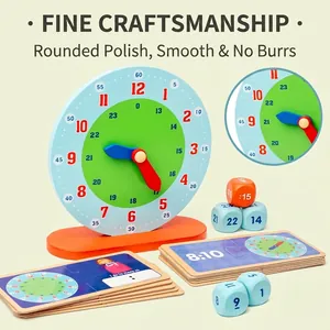 Wooden teaching clock set with rotating hands, blocks, and flashcards for kids