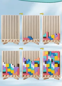 Macro detail of wooden tetris puzzle showing colorful blocks and step-by-step frame guide
