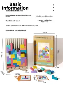 Detail view of wooden Tetris puzzle set with colorful blocks and instruction cards
