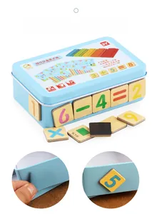 Detail of wooden magnetic number blocks and arithmetic symbols with metal storage box