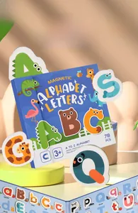 Detail of 78 magnetic animal alphabet tiles and storage box for early word learning