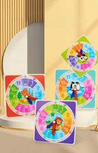 Close-up of colorful wooden teaching clocks with cartoon animals and dual scale