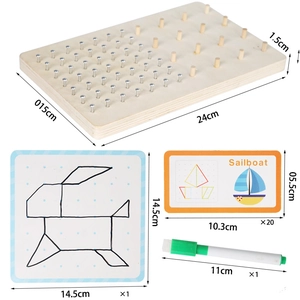 Wooden geoboard set for children with 20 pattern cards and drawing board for geometry learning