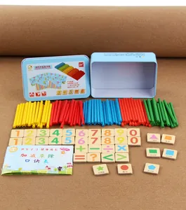 Detail view of magnetic math toy set with colored counting sticks and shapes in a tin box