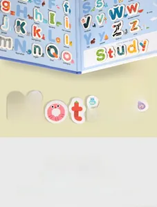 Detailed view of colorful magnetic animal letters and spelling workbook for kids