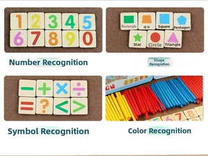 Detailed view of wooden math toy set showing numbers, geometric shapes and counting sticks