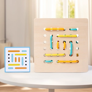 Gioco montessoriano in legno con corde colorate e schede modello per la coordinazione occhio-mano