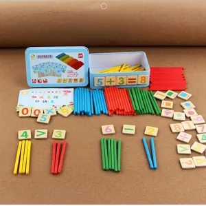 Detailed view of colorful magnetic math sticks and number tiles with blue storage tin