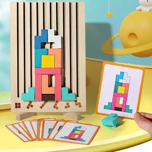 Wooden Tetris puzzle set with colorful geometric blocks and pattern reference cards